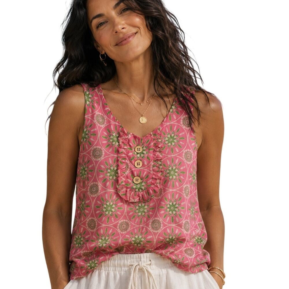Lilly Pulitzer Silk Blend Top Womens Size 4 Pink Green Floral Medallion Tank